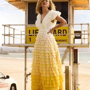 Aje Reflections Ombré Gown -Pleated Ruffle Tiered  Dress in Cream and Yellow MOB